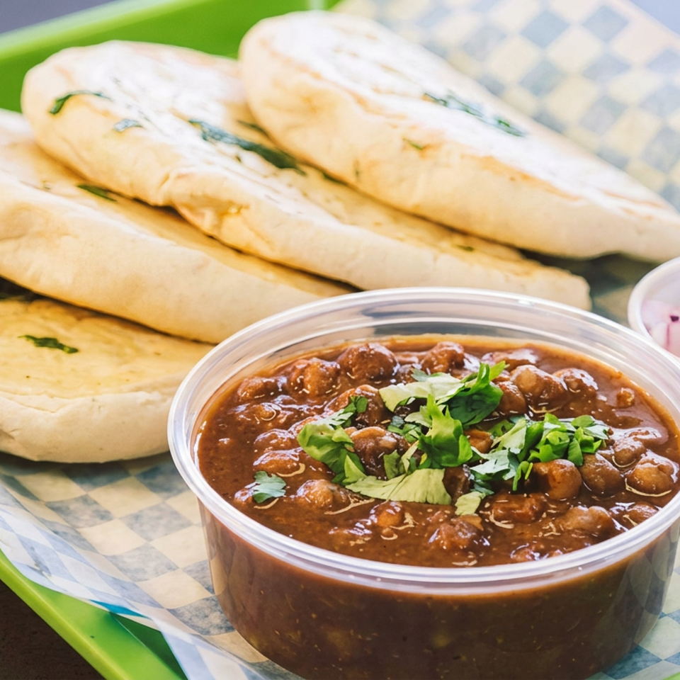 Tray of naan breads with cilantro-topped chickpea curry and pickled onions.