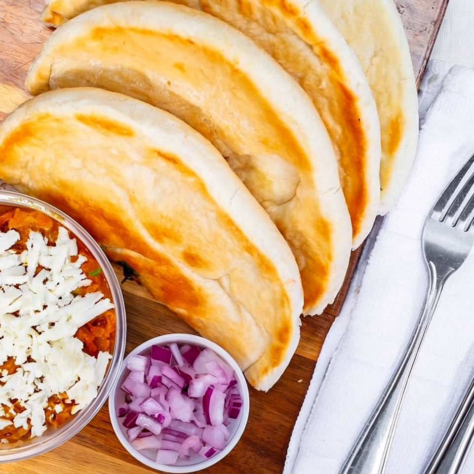 Golden-brown stuffed pastries served with cheesy tomato sauce, pickled red onions, and cutlery on a wooden board.