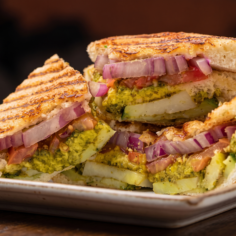Grilled sandwich wedges layered with avocado, potatoes, tomatoes, and red onions on a rectangular plate.