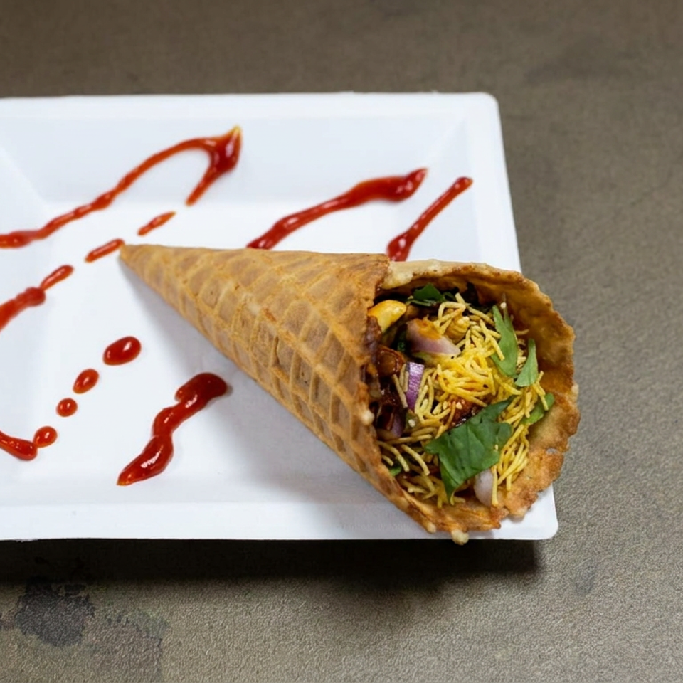 Crispy cone-shaped wrap filled with spiced vegetables, sev, herbs, and onions on a white plate drizzled with red sauce.