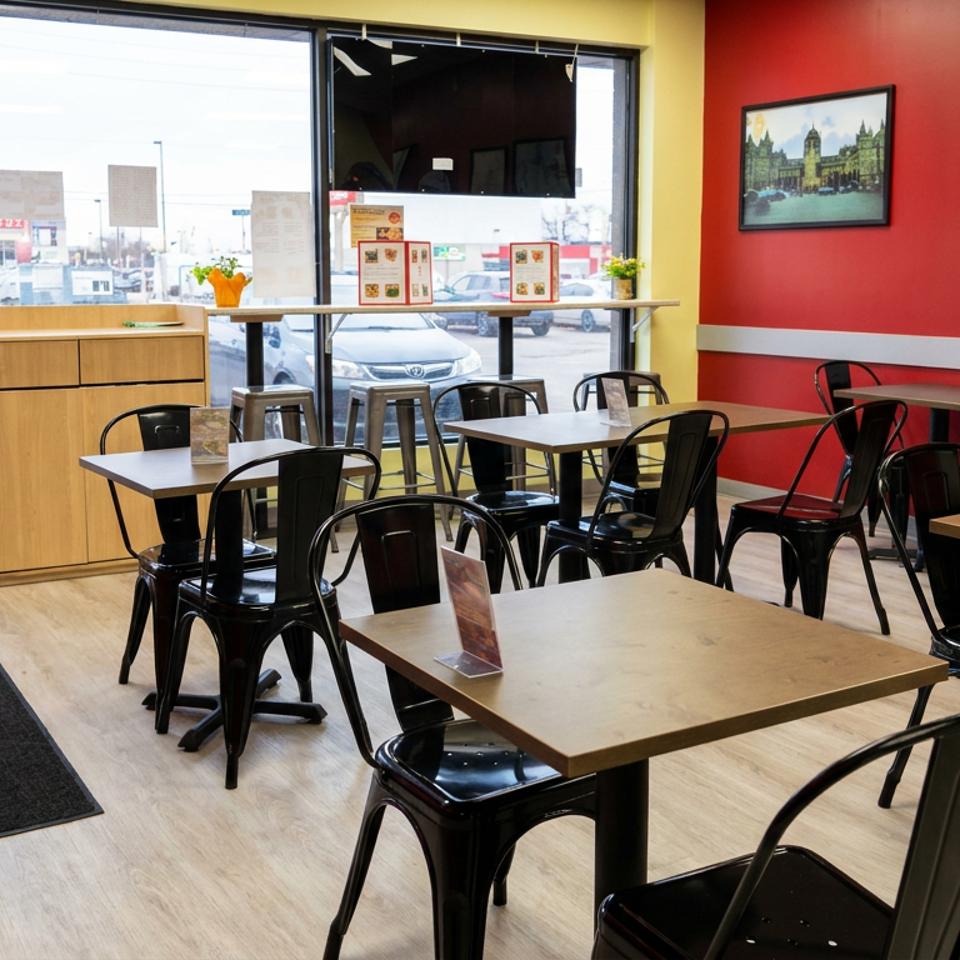 Bright casual restaurant dining area with black metal chairs, wooden tables, large windows, and colorful wall artwork.