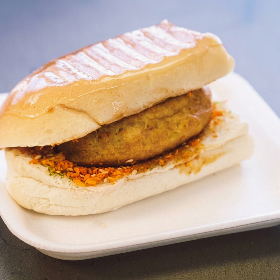 Grilled sandwich filled with a golden patty and orange seasoning, served on a white rectangular plate.