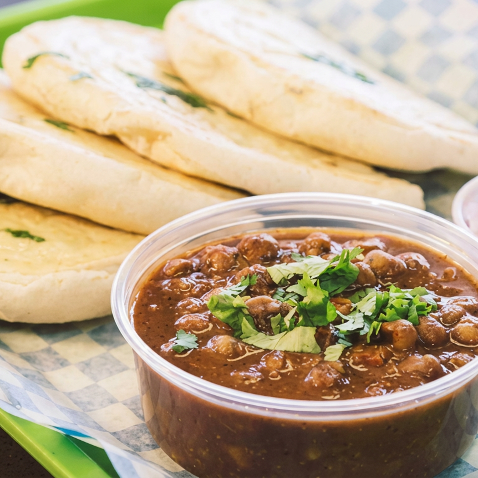 Tray of warm flatbreads with a cup of bean stew garnished with cilantro and pickled red onions.